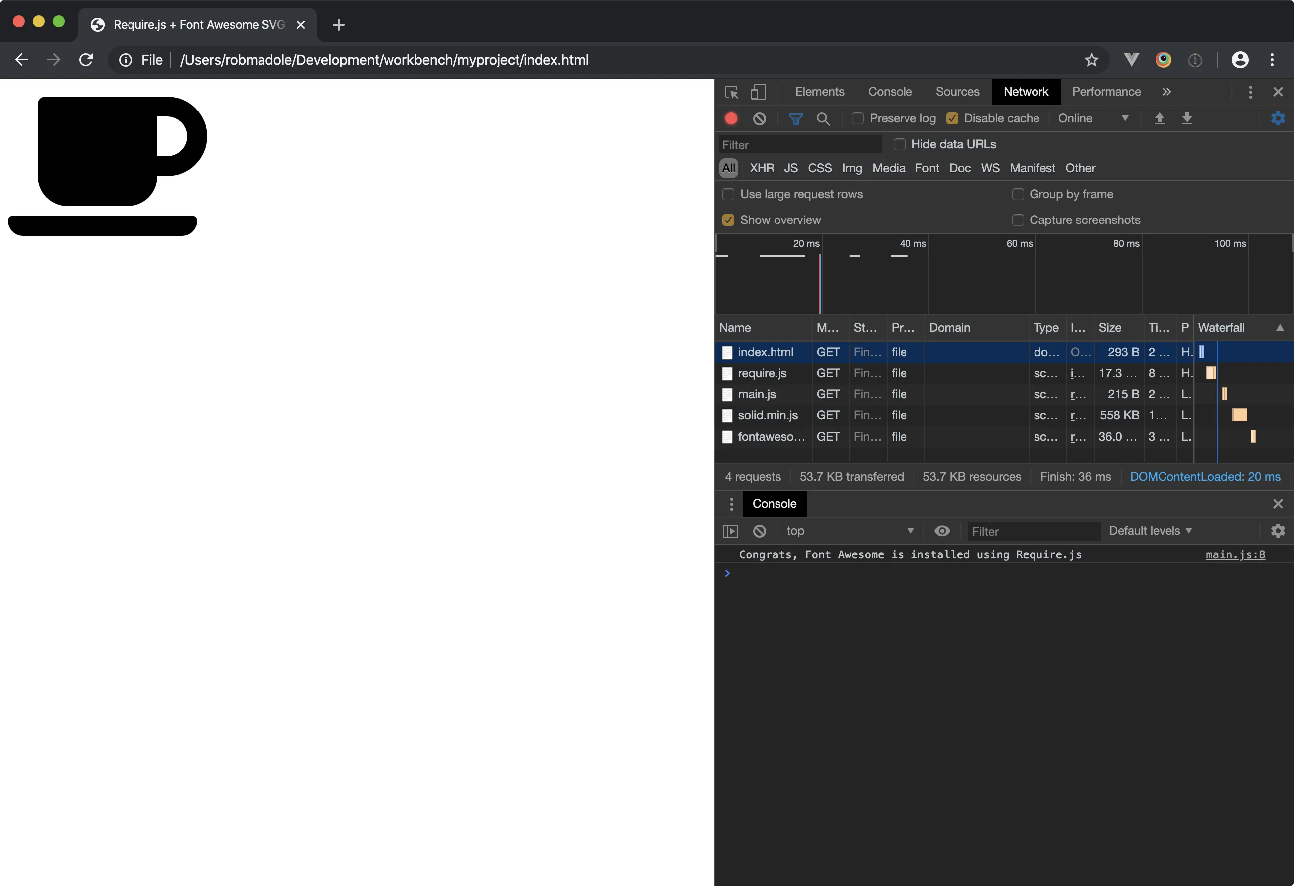 A Screenshot of the browser console with a solid icon loaded