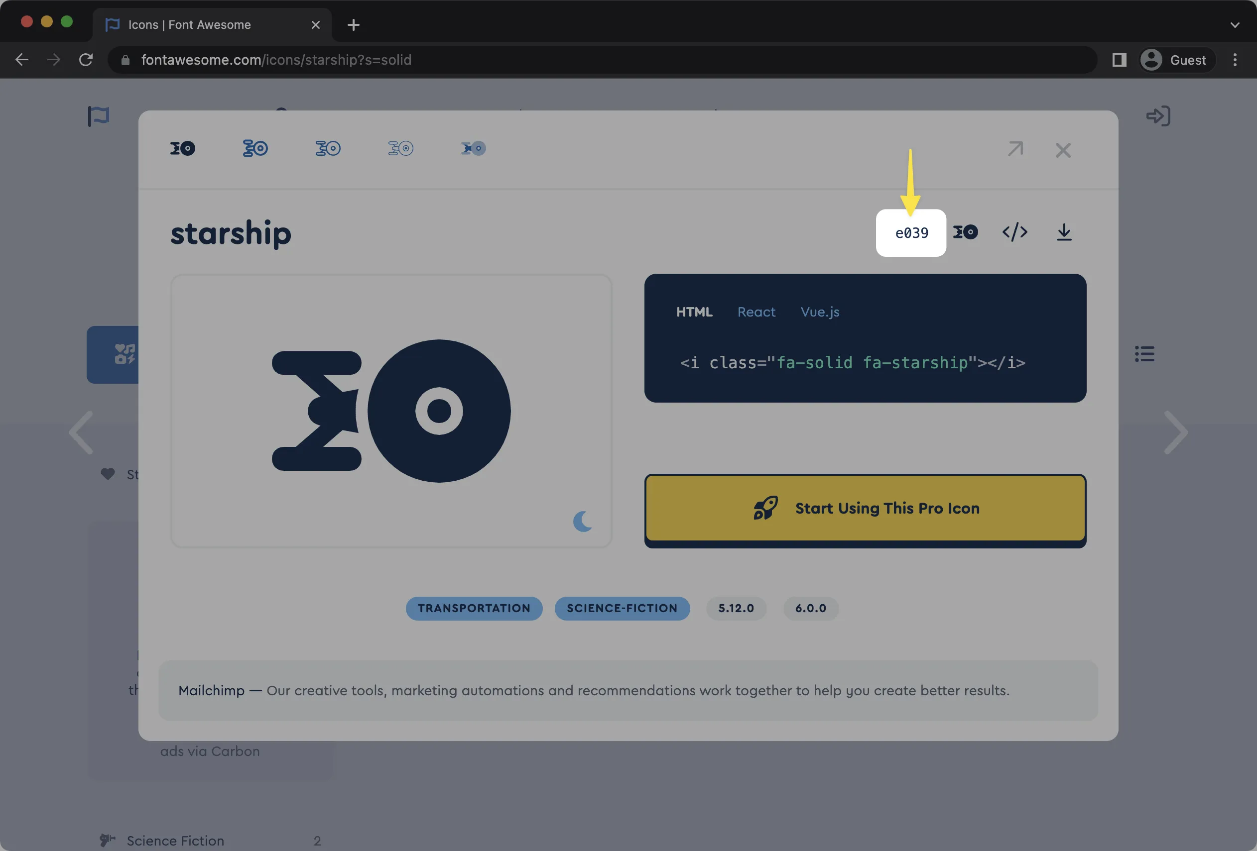 Screenshot of the Font Awesome website with the Unicode value highlighted
